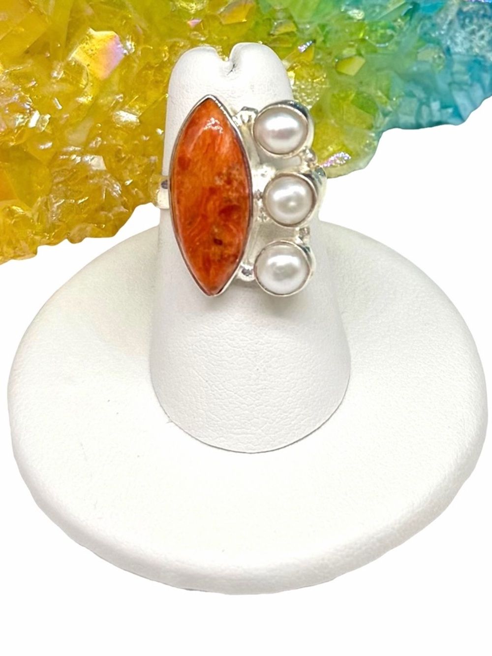 Orange Mohave Turquoise & Freshwater Pearl Ring Size 6 Solid 925 Sterling Silver